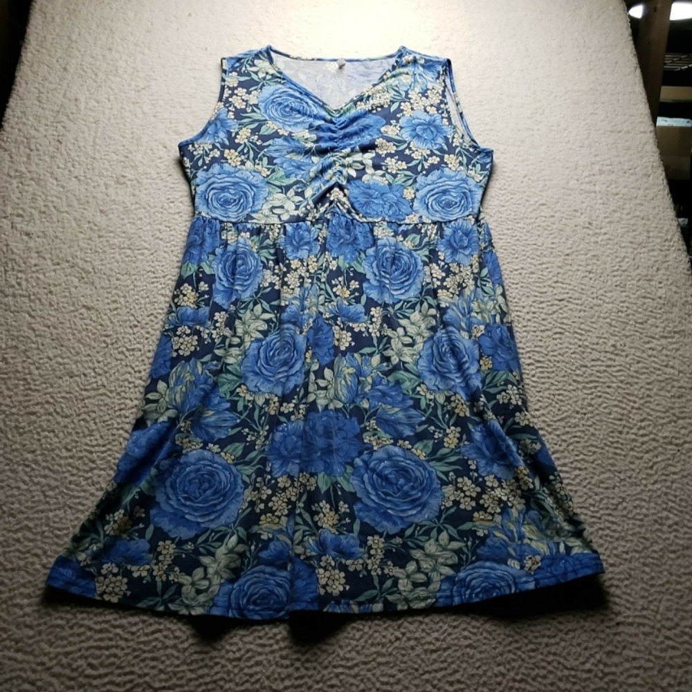 NILOUFO Dress Womens 3XL Blue Floral Sleeveless V Neck A-Line Knee Length
